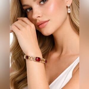 Ralph Lauren Statement Bracelet – Gold Tone with Red Crystals